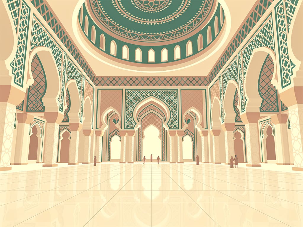 Illustrated Great Hall with a monumental dome, marble, mosaics, and symmetrical arches